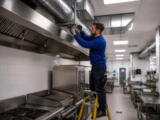 Technician servicing commercial kitchen ductwork and ventilation equipment